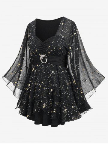 Plus Size Foil Stamping Star Print Buckle Ruched Sheer Layered T-shirt