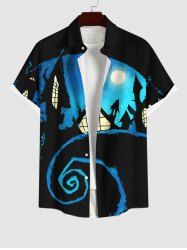 Plus Size Spiral Tree Castle Galaxy Moon Print Halloween Button Pocket Shirt For Men -  