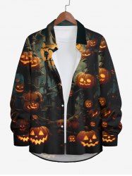 Plus Size Halloween Pumpkin Moon Scarecrow Print Buttons Long Sleeve Shirt For Men -  