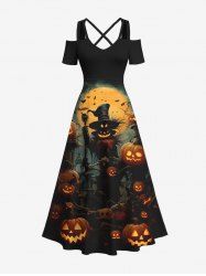 Maxi Robe D'Halloween Citrouille et Lune Croisée Imprimées à Epaule Dénudée Grande Taille - Noir 2X