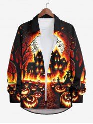 Plus Size Halloween Costume Pumpkin Moon Fire Flame Tree Print Buttons Long Sleeve Shirt For Men -  