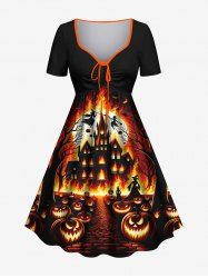 Robe D'Halloween Costume Citrouille Lune et Feu Imprimés de Grande Taille à Lacets - Multi-A M