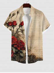 Plus Size Rose Flower Leaf Distressed Newspaper Print Halloween Button Pocket Shirt For Men -  