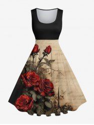 Plus Size Rose Flower Leaf Distressed Newspaper Print Halloween Costume Vintage Swing A Line Dress -  