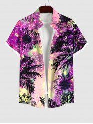 Plus Size Painting Splatter Flower Coconut Tree Tropical Leaves Print Hawaii Button Pocket Shirt For Men -  