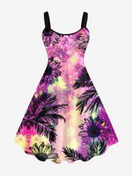 Plus Size Painting Splatter Flower Coconut Tree Tropical Leaves Print Hawaii A Line Tank Dress -  