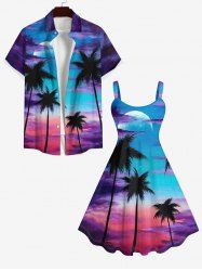 Short de Plage Transparent Ombré Arbre Noix de Coco et Lune Imprimés Grande Taille pour Couple - Multi-A 