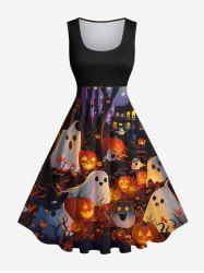 Plus Size Glitter Pumpkin Lantern Ghost Castle Tree Print Halloween Costume Vintage Swing A Line Dress -  