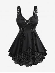 Plus Size Floral Flocking Tulip Hem Layered Ruffles Lace Up Ruched Heart Buckles Tank Top -  