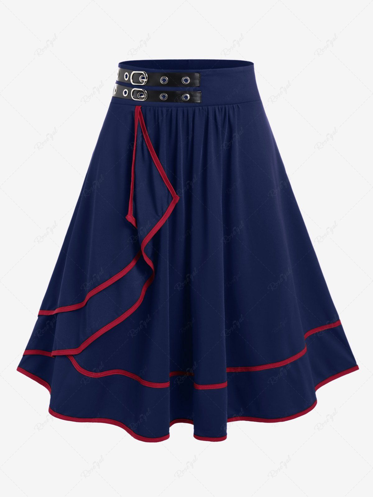 Jupe Mi-Longue Ligne A Contrastée Bouclée Grande Taille en PU à Volants Bleu profond 1X | US 14-16
