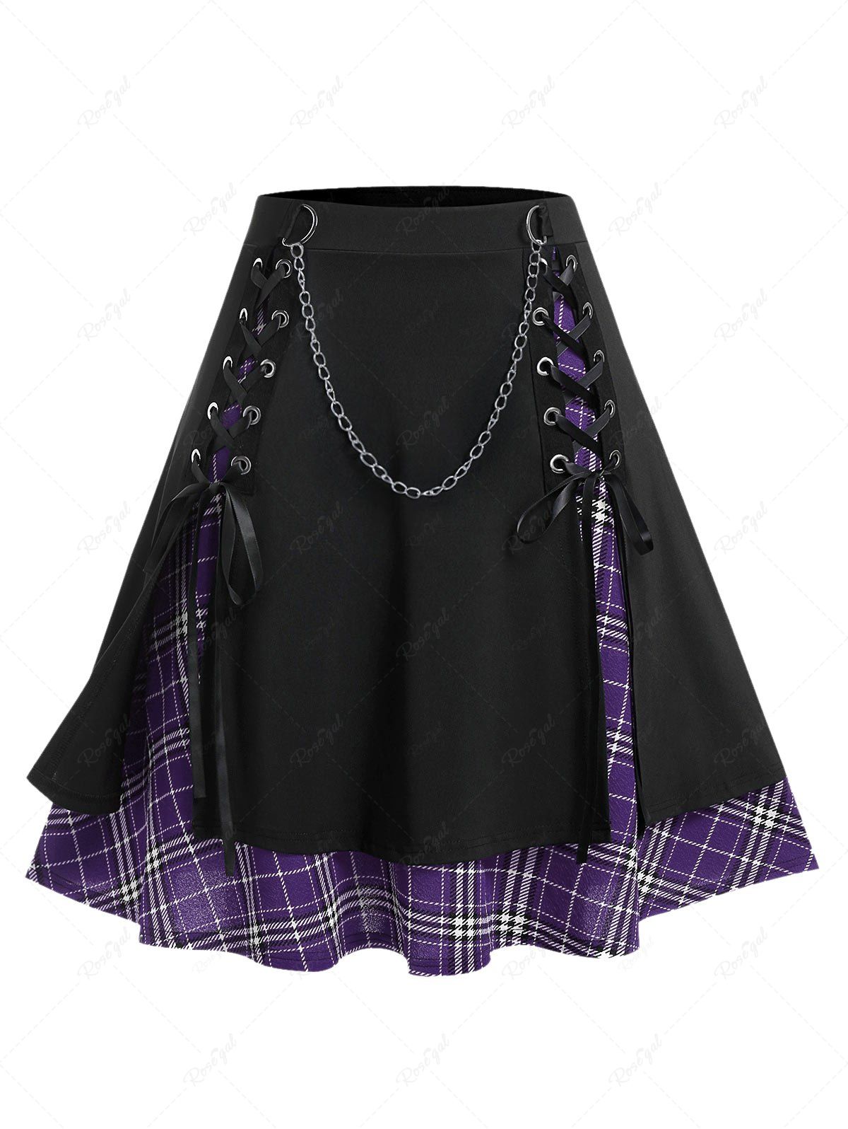 Affordable Gothic Chains Lace Up Layered Plaid Skirt  