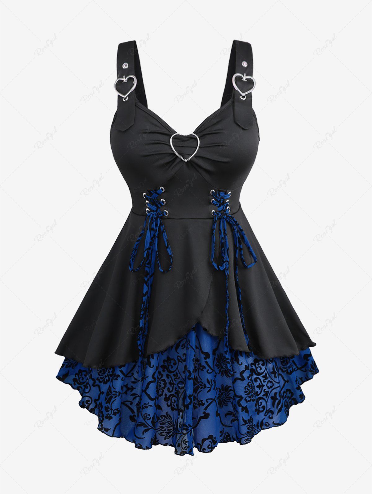 Store Plus Size Floral Flocking Tulip Hem Layered Ruffles Lace Up Ruched Heart Buckles Tank Top  