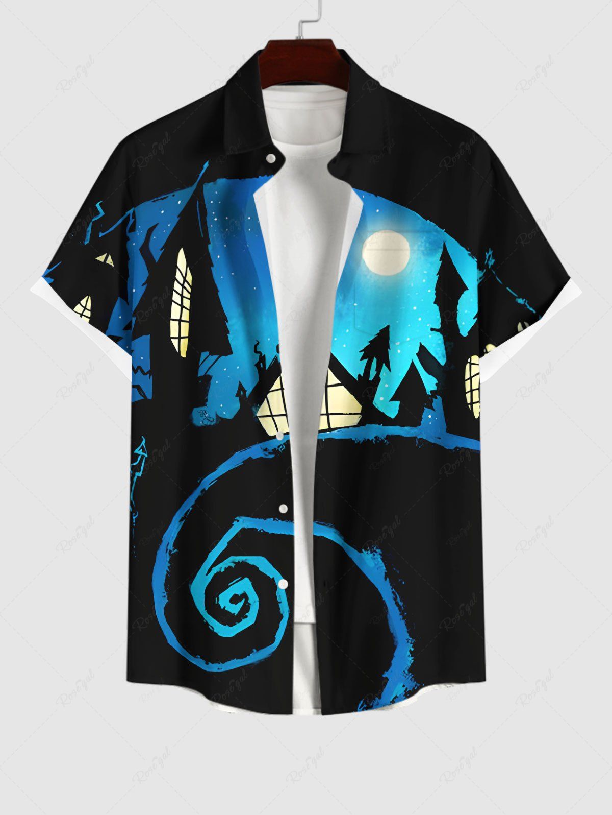 New Plus Size Spiral Tree Castle Galaxy Moon Print Halloween Button Pocket Shirt For Men  