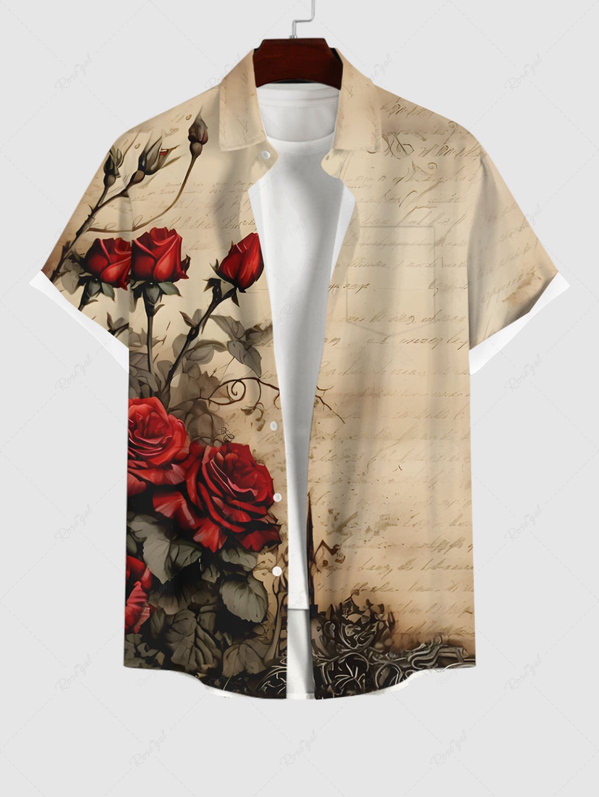 Unique Plus Size Rose Flower Leaf Distressed Newspaper Print Halloween Button Pocket Shirt For Men  