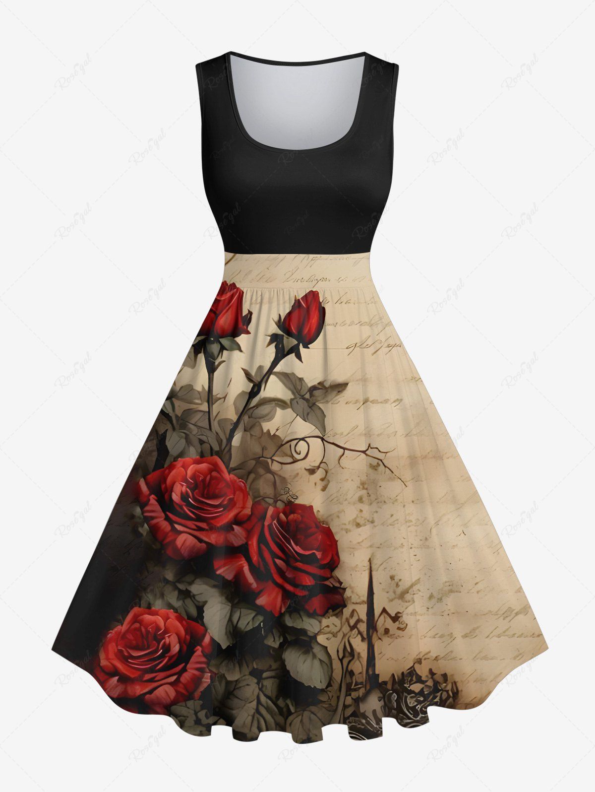 Outfits Plus Size Rose Flower Leaf Distressed Newspaper Print Halloween Costume Vintage Swing A Line Dress  