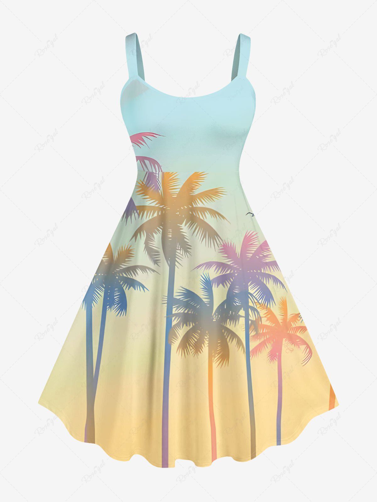 Store Plus Size Ombre Coconut Tree Print Hawaii A Line Tank Dress  