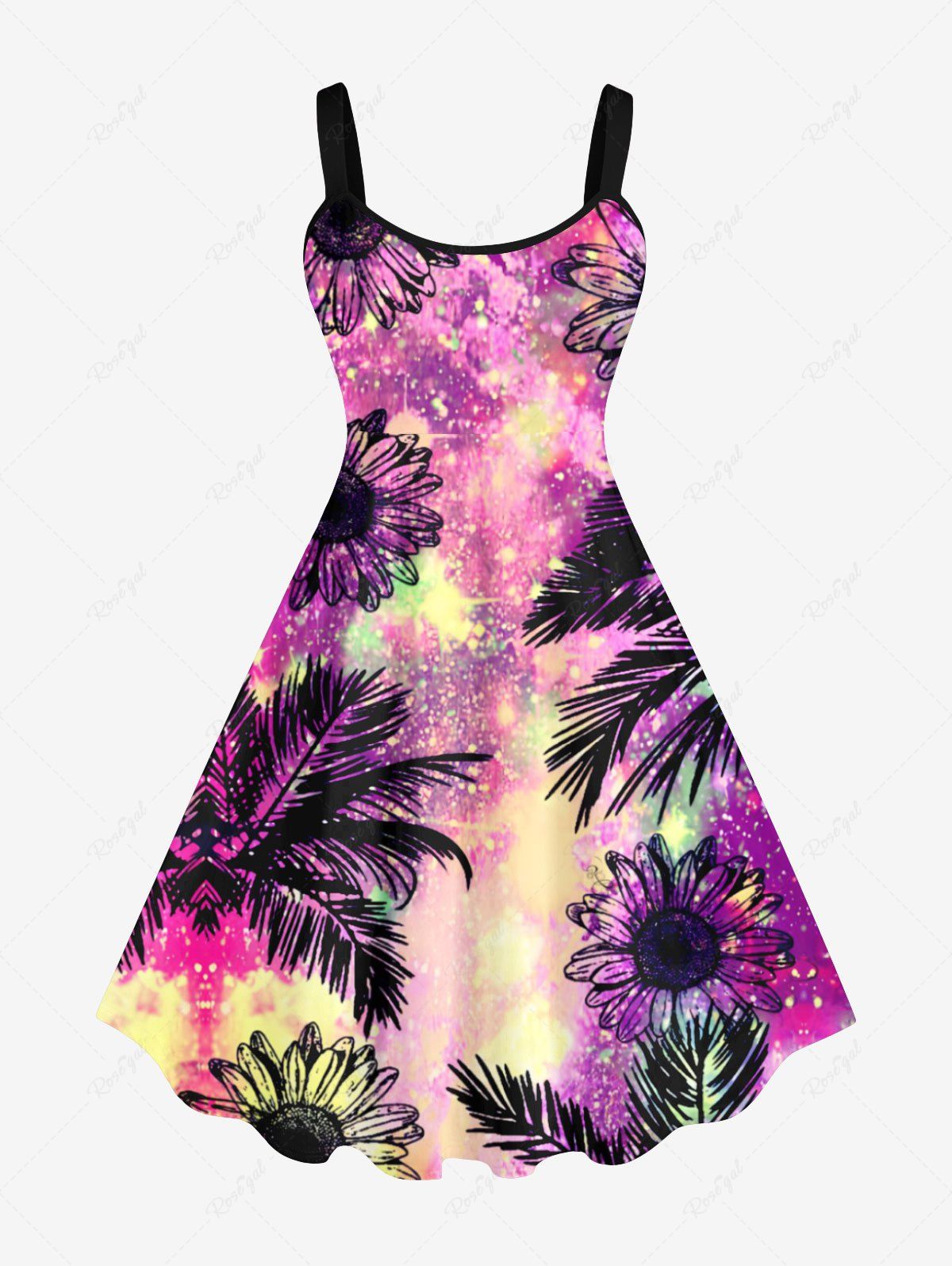 Latest Plus Size Painting Splatter Flower Coconut Tree Tropical Leaves Print Hawaii A Line Tank Dress  