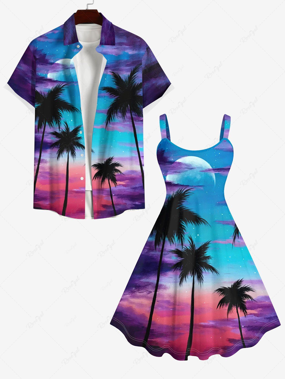 Short de Plage Transparent Ombré Arbre Noix de Coco et Lune Imprimés Grande Taille pour Couple Multi-A 