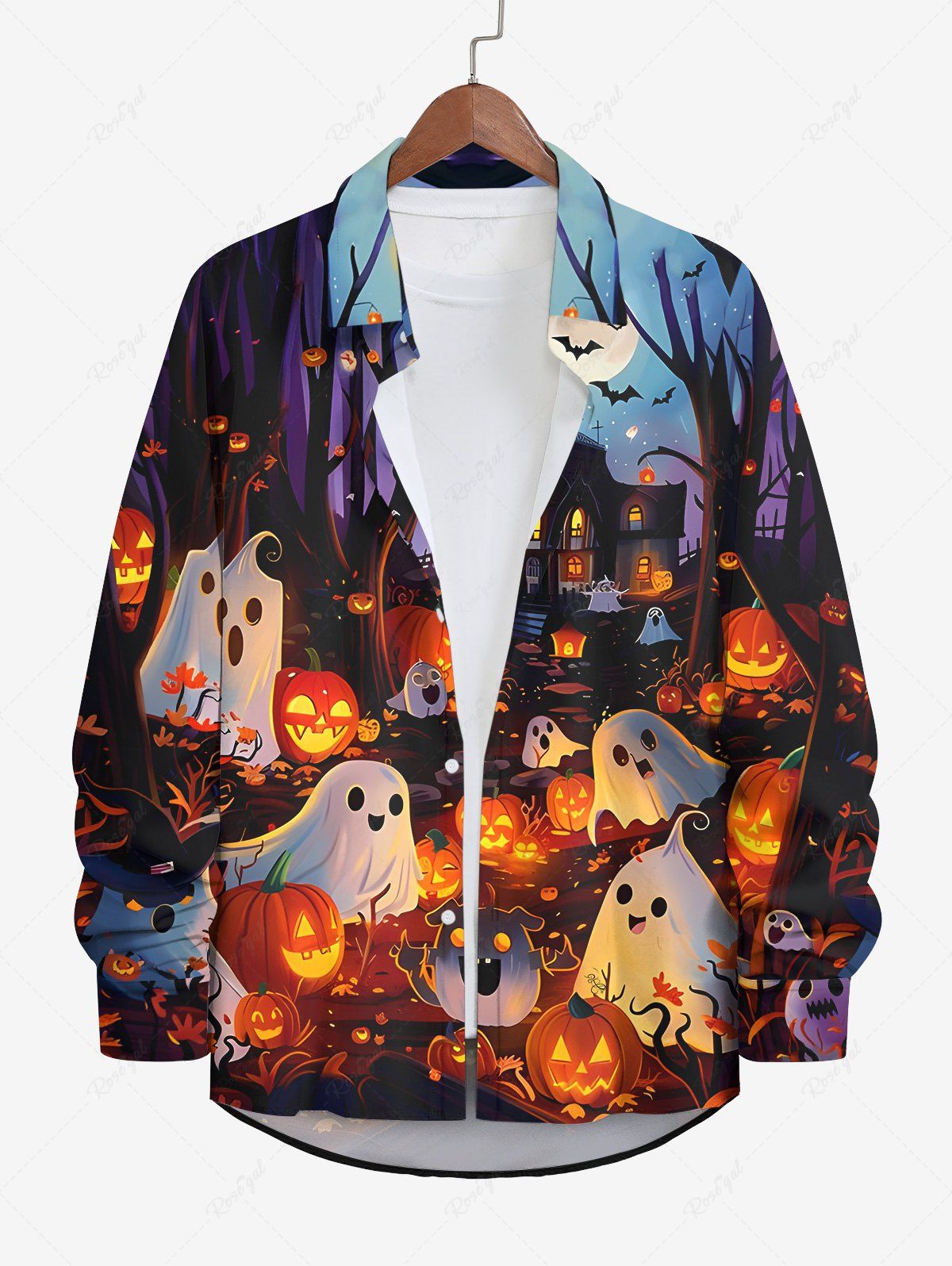 Hot Plus Size Glitter Pumpkin Lantern Ghost Castle Tree Moon Bat Print Halloween Ombre Button Shirt For Men  
