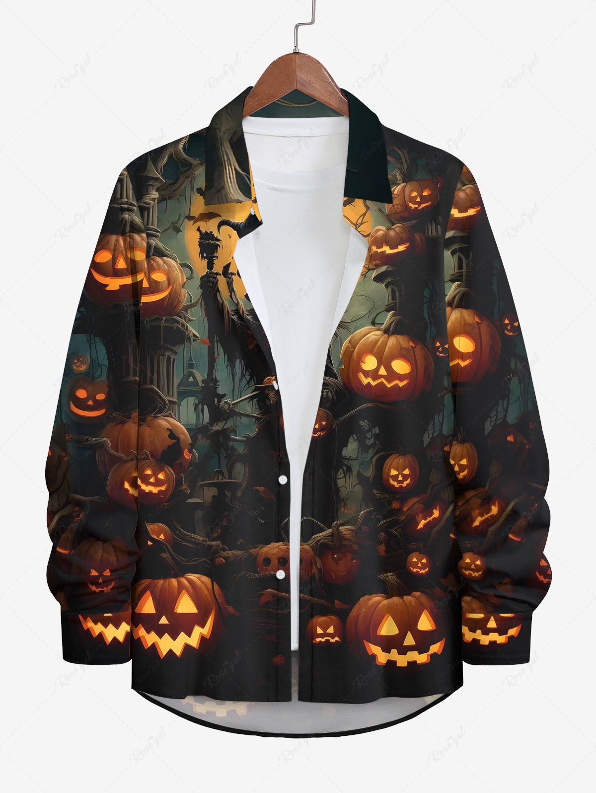 Outfits Plus Size Halloween Pumpkin Moon Scarecrow Print Buttons Long Sleeve Shirt For Men  