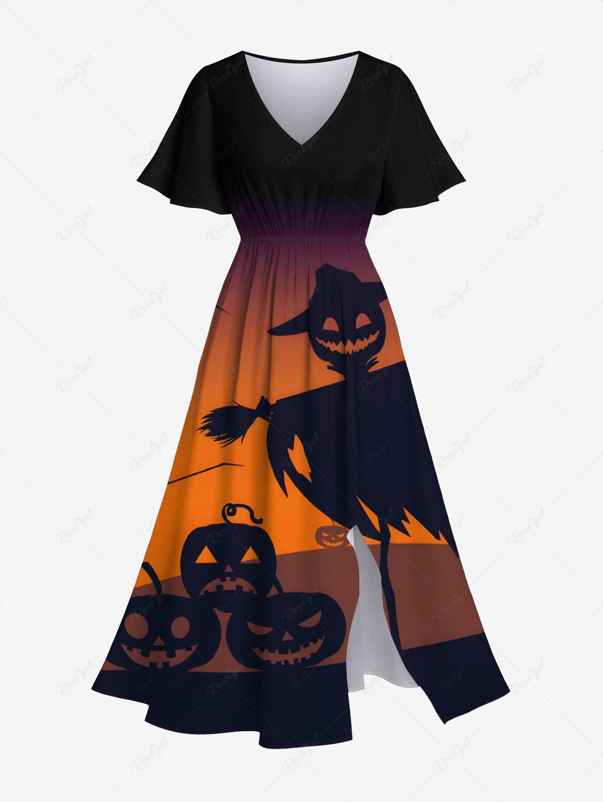 Robe D'Halloween Mi-Longue Citrouille Imprimée Grande Taille Noir L