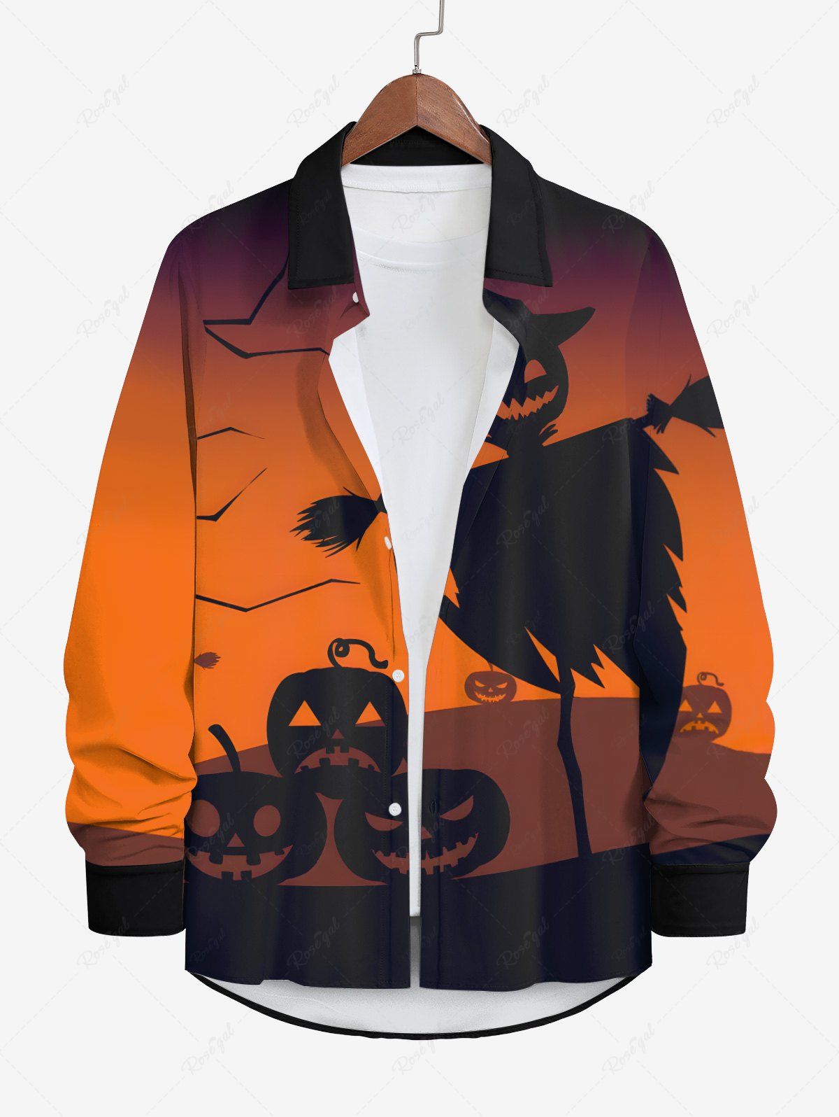 Fancy Plus Size Halloween Costume Hat Pumpkin Scarecrow Print Buttons Long Sleeve Shirt For Men  