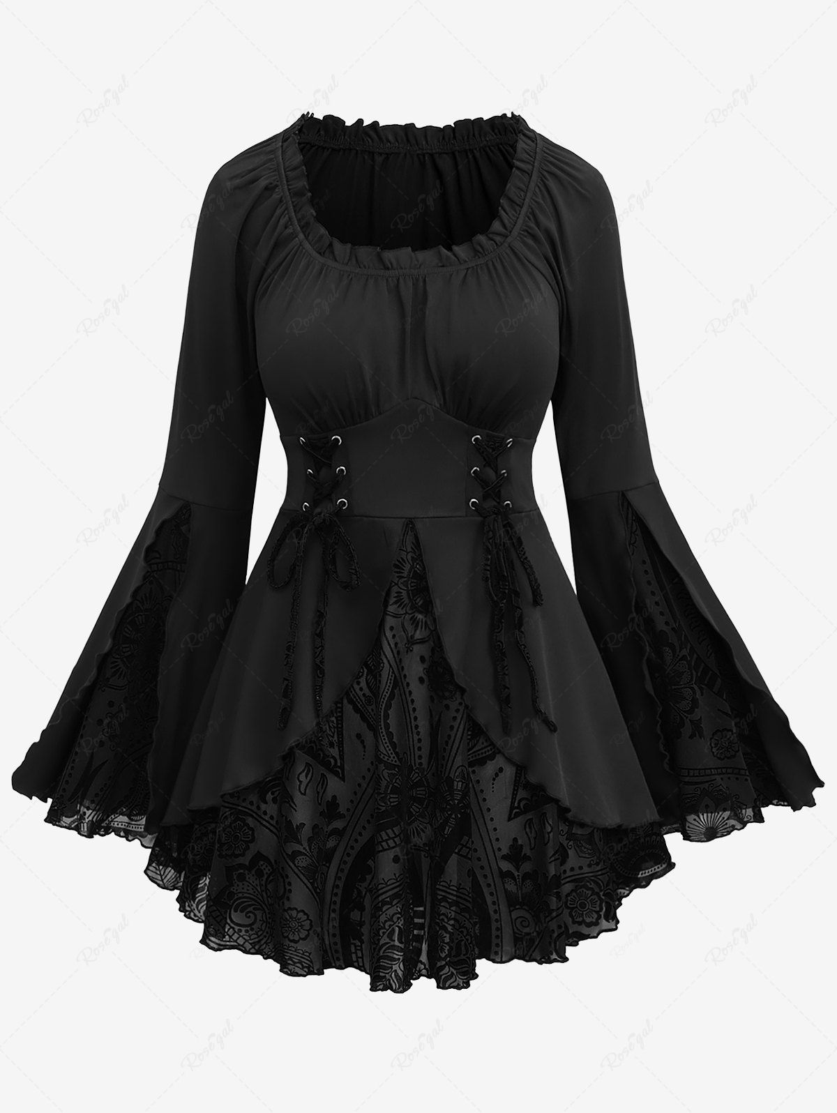 Affordable Gothic Plus Size Floral Figure Print Lace Up Ruched Ruffles Bell Sleeves Tops  