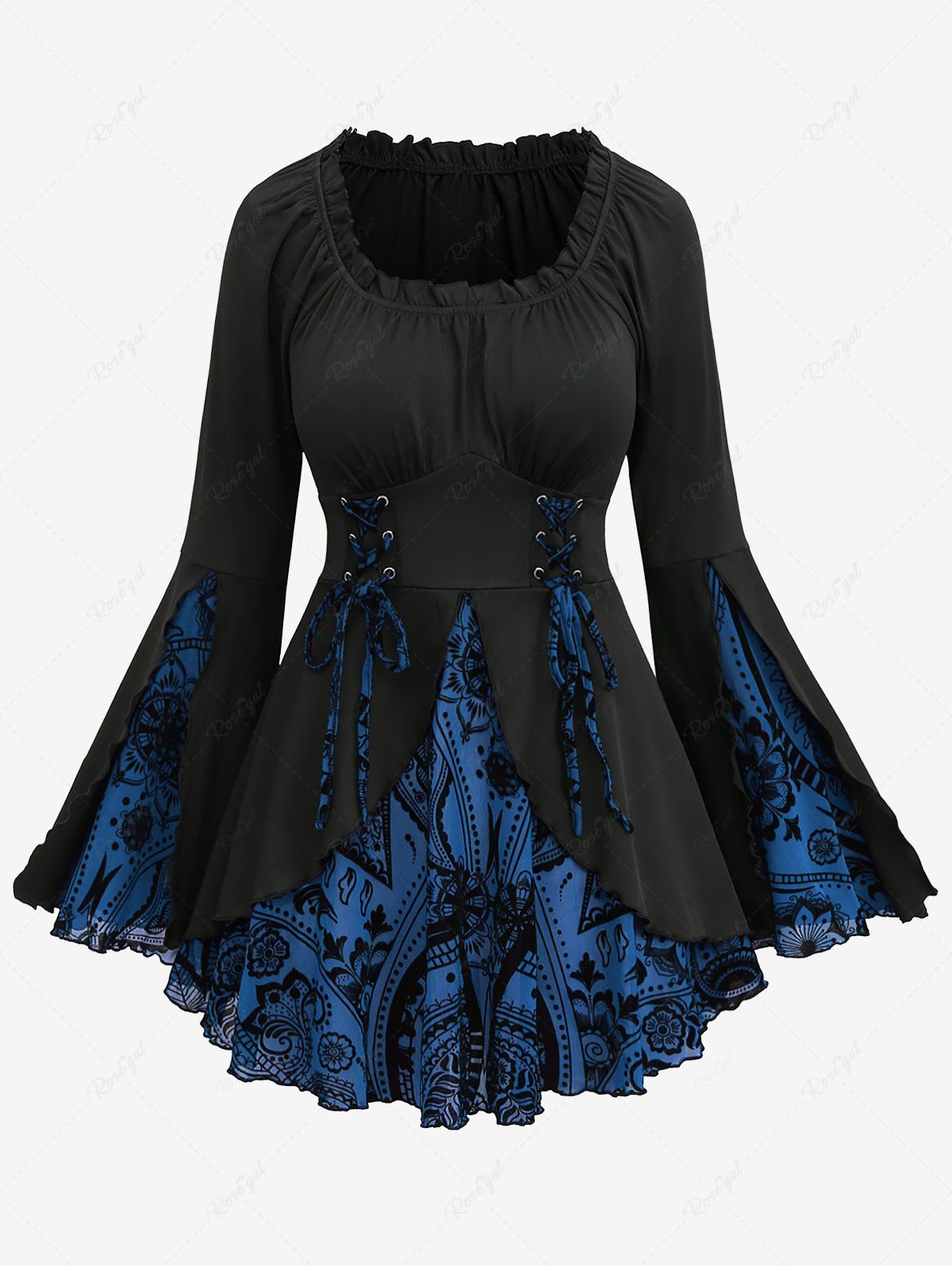 Store Gothic Plus Size Floral Figure Print Lace Up Ruched Ruffles Bell Sleeves Tops  
