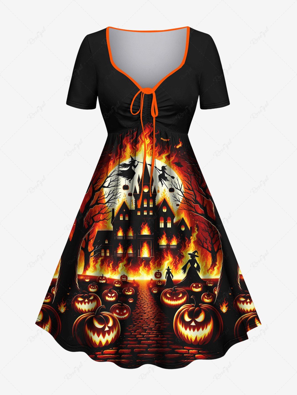 Robe D'Halloween Costume Citrouille Lune et Feu Imprimés de Grande Taille à Lacets Multi-A M