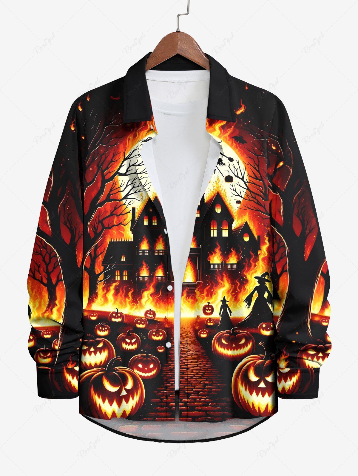 Fancy Plus Size Halloween Costume Pumpkin Moon Fire Flame Tree Print Buttons Long Sleeve Shirt For Men  