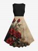 Plus Size Rose Flower Leaf Distressed Newspaper Print Halloween Costume Vintage Swing A Line Dress -  