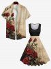 Plus Size Rose Flower Leaf Distressed Newspaper Print Halloween Costume Vintage Swing A Line Dress -  