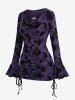 Plus Size Cowl Neck Poet Sleeves Rose Flower Letters Flocking Jacquard Embroidered Cinched Chain Top -  