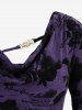 Plus Size Cowl Neck Poet Sleeves Rose Flower Letters Flocking Jacquard Embroidered Cinched Chain Top -  