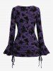 Plus Size Cowl Neck Poet Sleeves Rose Flower Letters Flocking Jacquard Embroidered Cinched Chain Top -  
