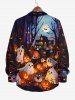 Plus Size Glitter Pumpkin Lantern Ghost Castle Tree Moon Bat Print Halloween Ombre Button Shirt For Men -  