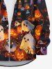 Plus Size Glitter Pumpkin Lantern Ghost Castle Tree Moon Bat Print Halloween Ombre Button Shirt For Men -  
