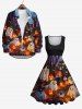Plus Size Glitter Pumpkin Lantern Ghost Castle Tree Moon Bat Print Halloween Ombre Button Shirt For Men -  