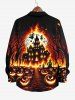 Plus Size Halloween Costume Pumpkin Moon Fire Flame Tree Print Buttons Long Sleeve Shirt For Men -  