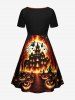 Robe D'Halloween Costume Citrouille Lune et Feu Imprimés de Grande Taille à Lacets - Multi-A M