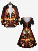 Robe D'Halloween Costume Citrouille Lune et Feu Imprimés de Grande Taille à Lacets - Multi-A M