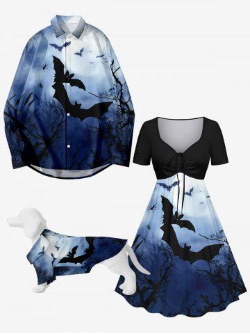 Halloween Costume Bat Tree Moon Ombre Galaxy Print Dog and Owner Matching Outfits - BLUE