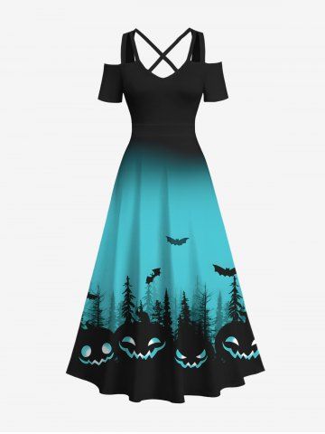 Plus Size Halloween Costume Bat Pumpkin Tree Ombre Colorblock Print Cold Shoulder Crisscross Maxi Dress - MULTI-A - 6X