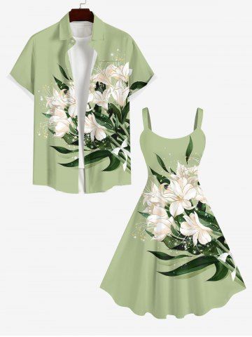 Flowers Leaf Print Plus Size Matching Hawaii Beach Outfit For Couples - GREEN