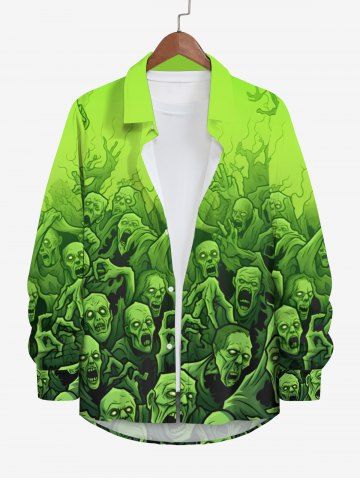 Plus Size Halloween Tree Vampire Print Buttons Long Sleeve Shirt For Men - GREEN - M