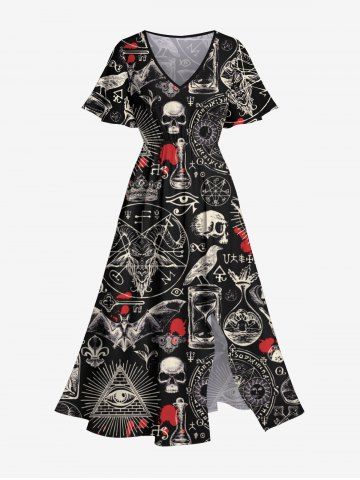 Plus Size Halloween Costume Skulls Bat Hand Sheep Head Print Split Midi Dress - BLACK - M
