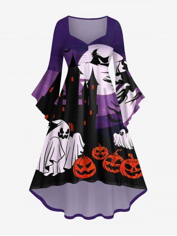 Plus Size Halloween Costume Ghost Pumpkin Moon Bat Print Flare Sleeve Dress
