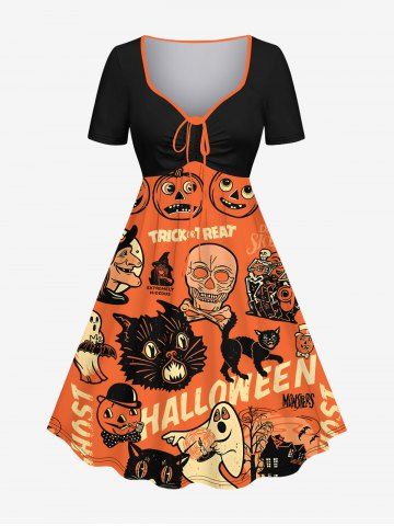 Plus Size Halloween Costume Pumpkin Skull Cat Ghost Letters Print Cinched Dress - MULTI-A - XS