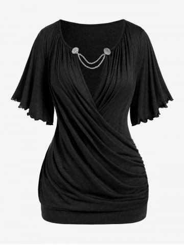 Plus Size Lettuce Ruched Chain Embellished Plunging Blouson Tee - BLACK - L | US 12