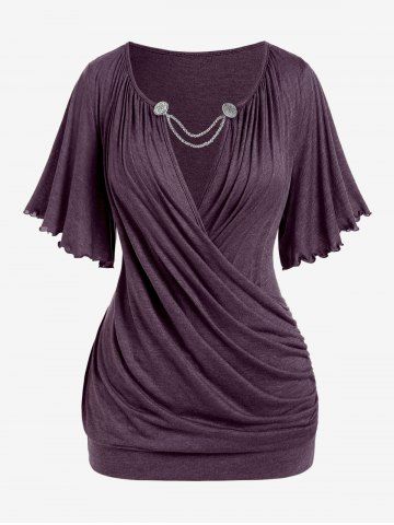 Plus Size Lettuce Ruched Chain Embellished Plunging Blouson Tee - CONCORD - 4X | US 26-28